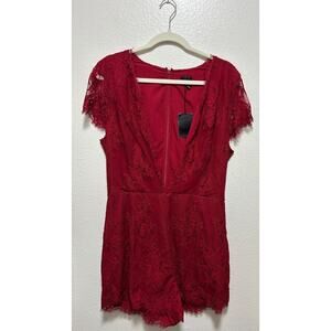 NBD Women's Red Lace Deep V Neck Shorts Party Romper Size L